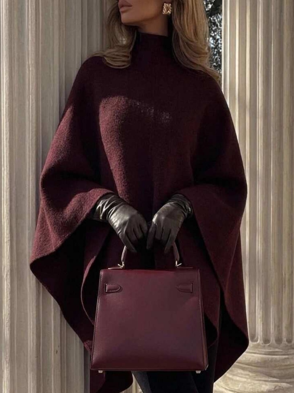 Aloruh Women's Elegant Cape Shawl Burgundy Overcoat,Cozy,Office,Women Winter Coa